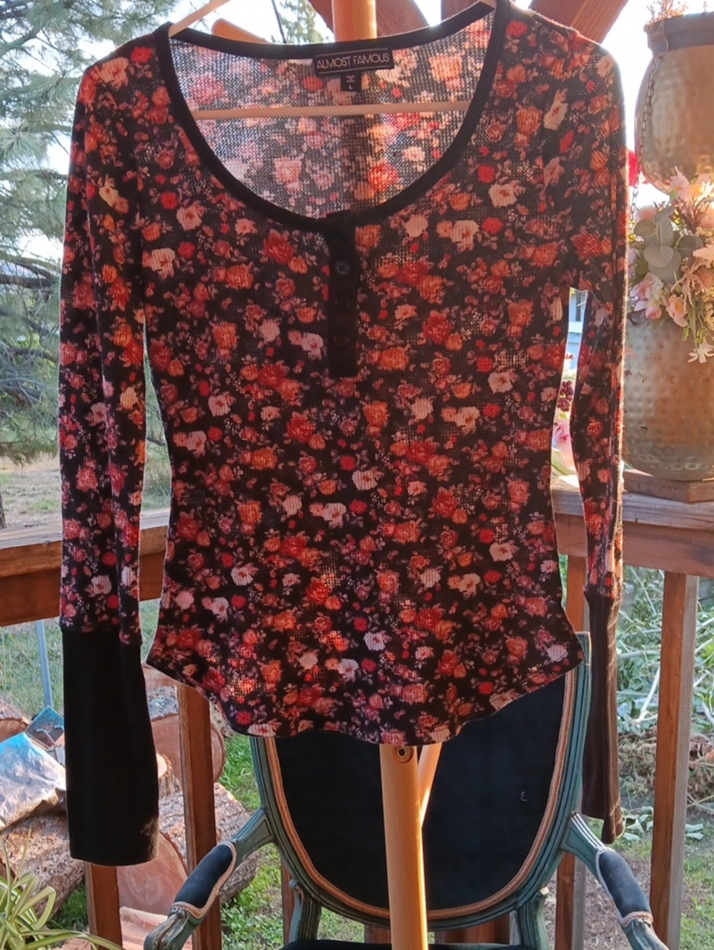 Almost Famous Black Floral Long Sleeve Henley Top with Pink & Red Print